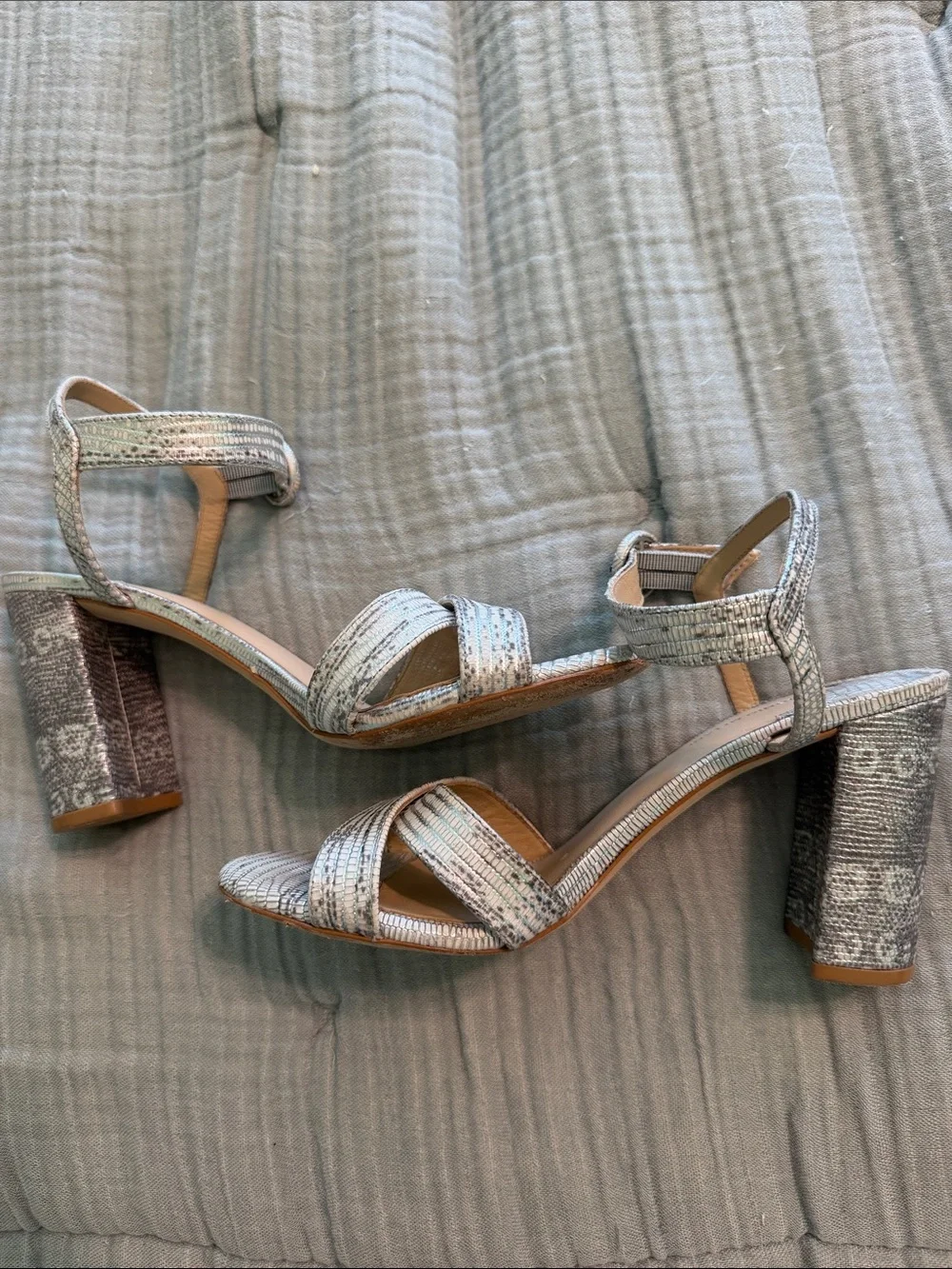 ANTONIO MELANI Iridescent Silver-Strap Block Heel Sandals